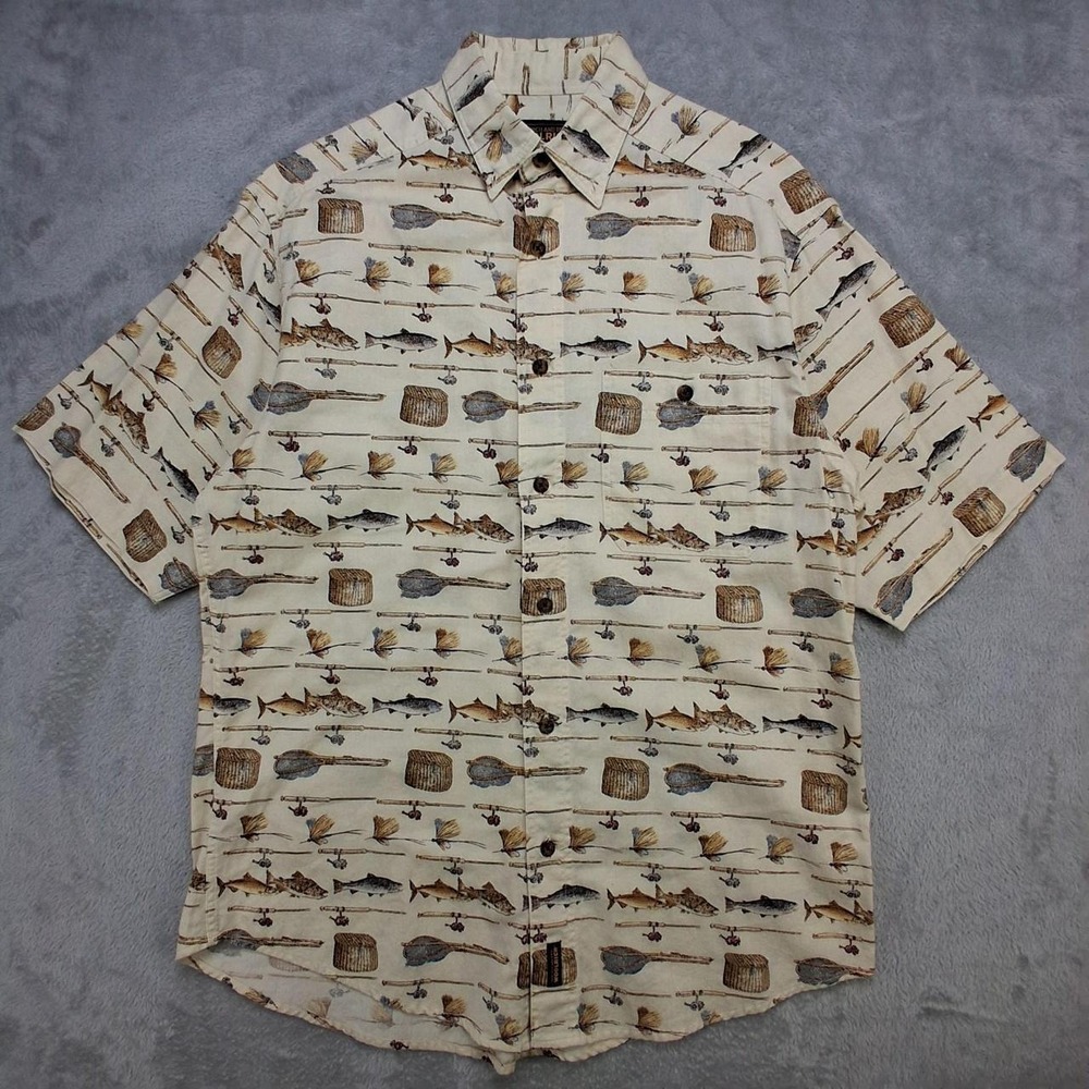 Woolrich Mens Vintage Fishing Print Short Sleeve Button Up Shirt Cream Size M